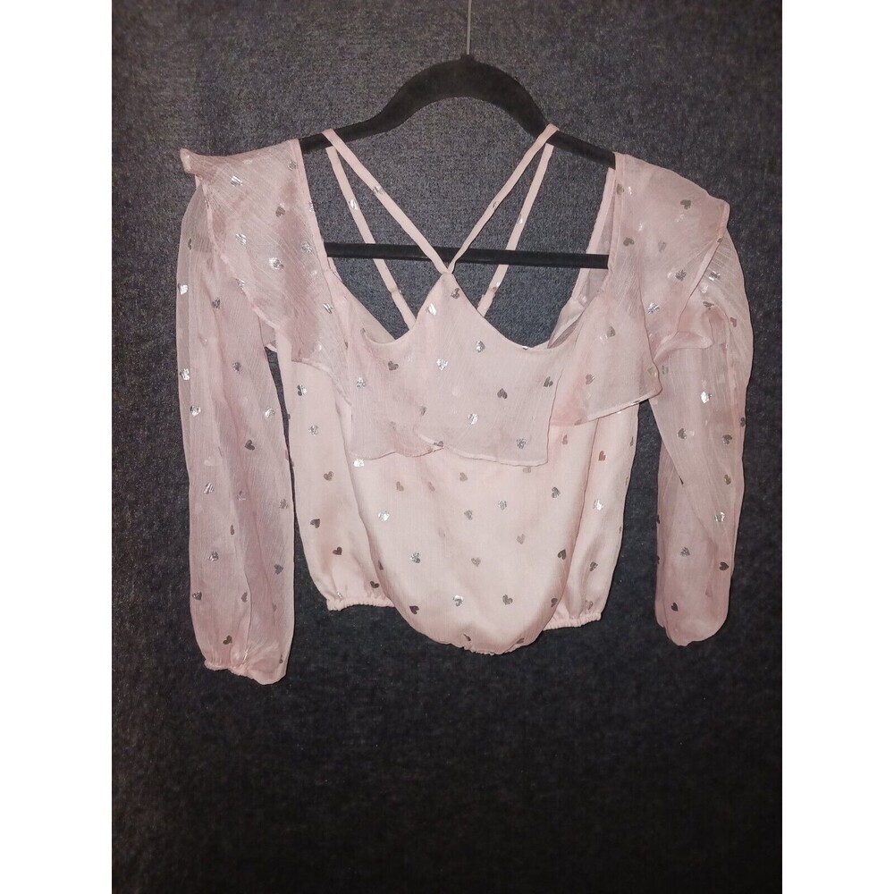 Lovers & Friends Pink Crop Top Silver Hearts Chiffon Ruffle Blouse Womens XS